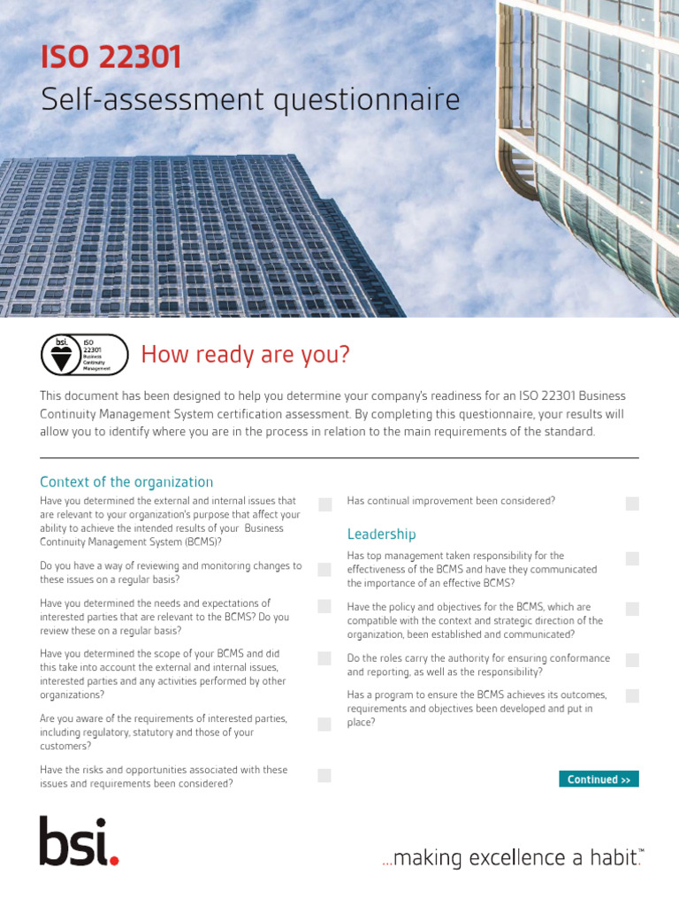 ISO 22301 Readiness Self-Assessment Guide | PDF | Risk | Business