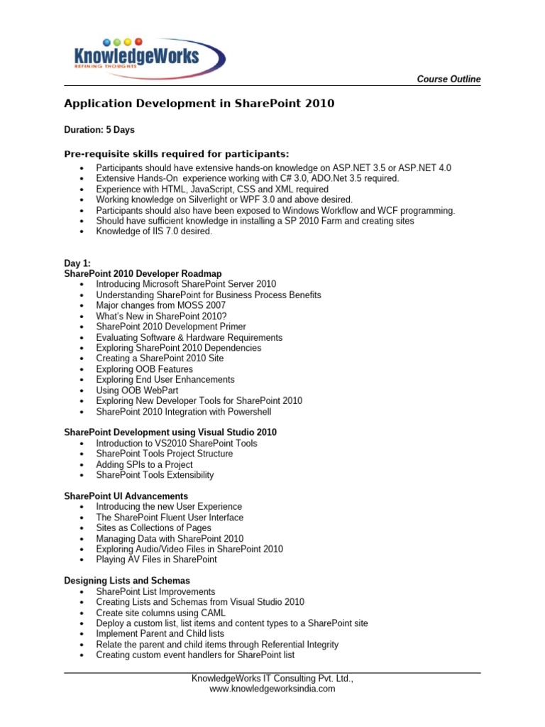 SharePoint 2010 Development Course Outline | PDF | Share Point ...