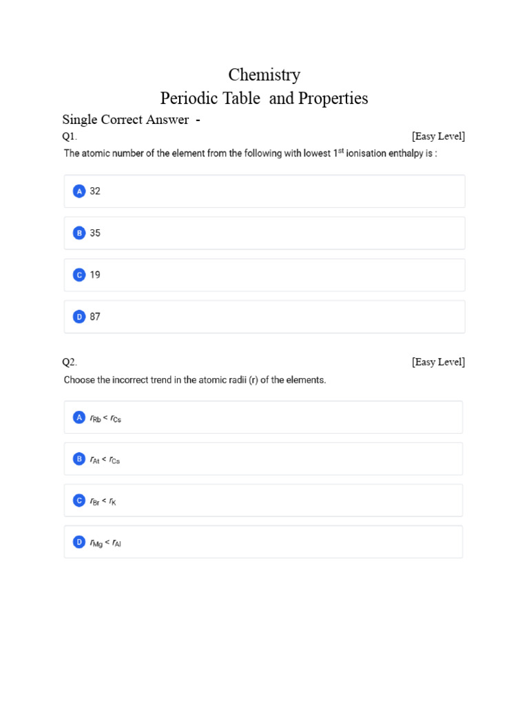 Chemistry Quiz: Periodic Table Focus | PDF