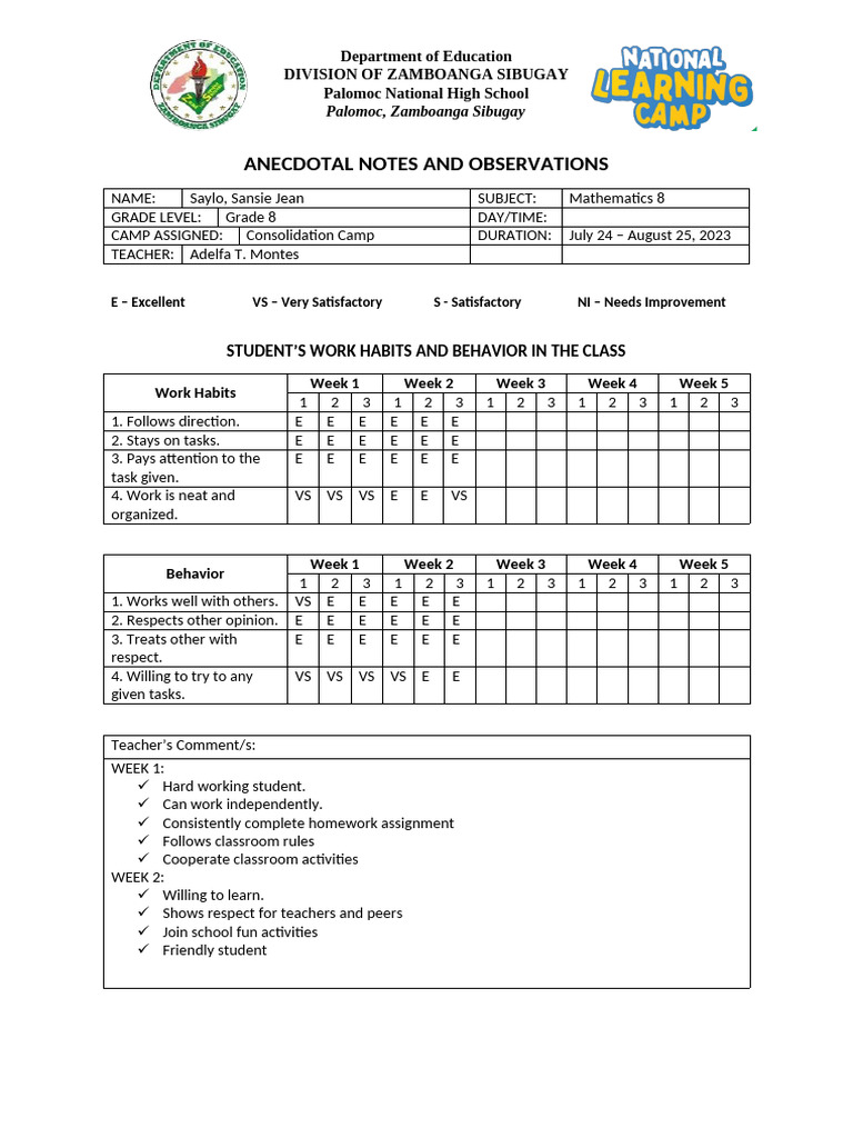 Grade 8 Mathematics Student Observations | PDF | Teachers | Homework