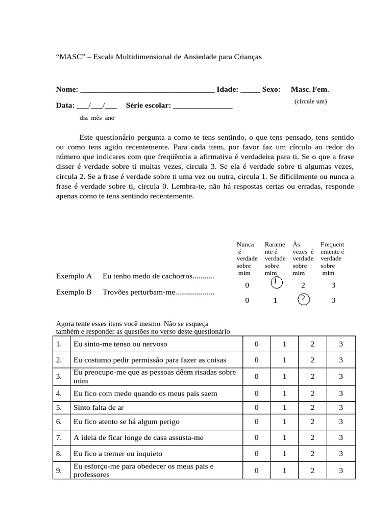 Escala de Ansiedade Infantil MASC | PDF