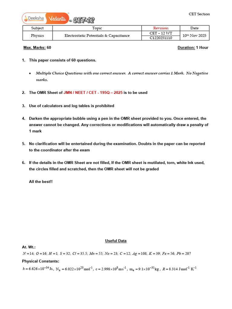 Physics CET Exam: Electrostatics MCQs | PDF | Capacitance | Capacitor