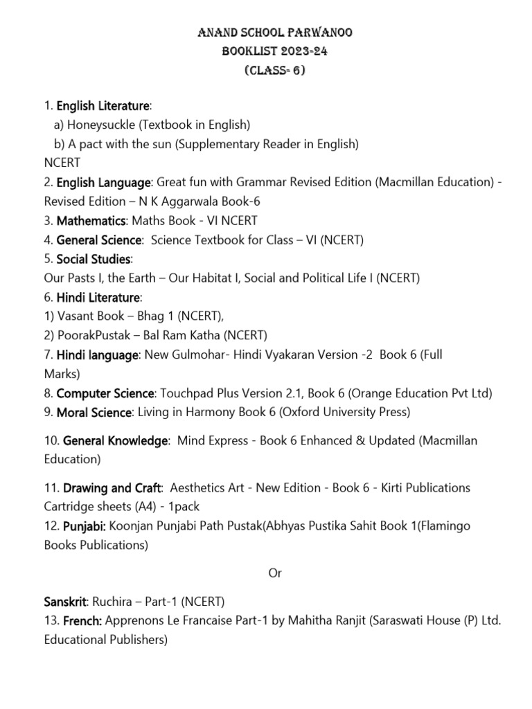 6 Class Booklist 2023 24 | PDF