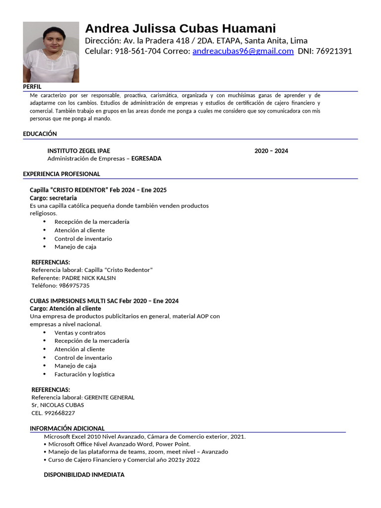 Perfil Profesional de Andrea Cubas Huamani | PDF