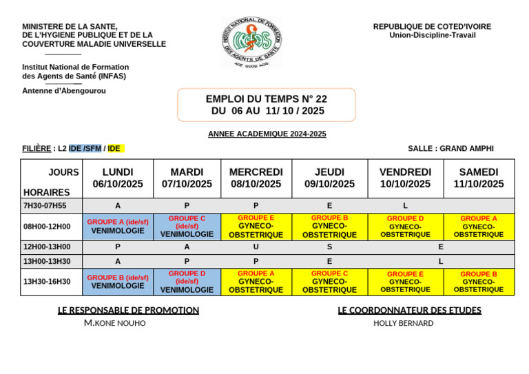 Emploi du temps INFAS Abengourou 2025 | PDF