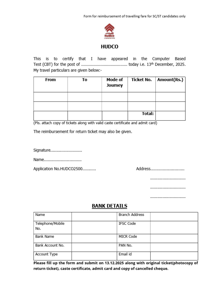 SC/ST Travel Reimbursement Form | PDF