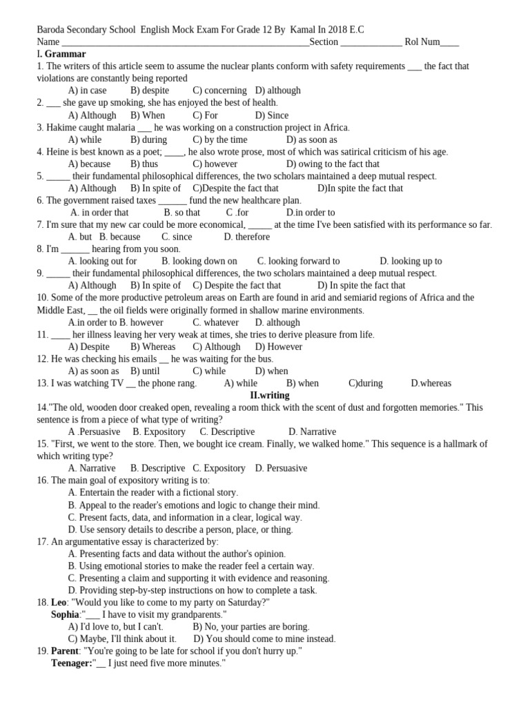 Grade 12 English Mock Exam 2018 | PDF | Human Communication