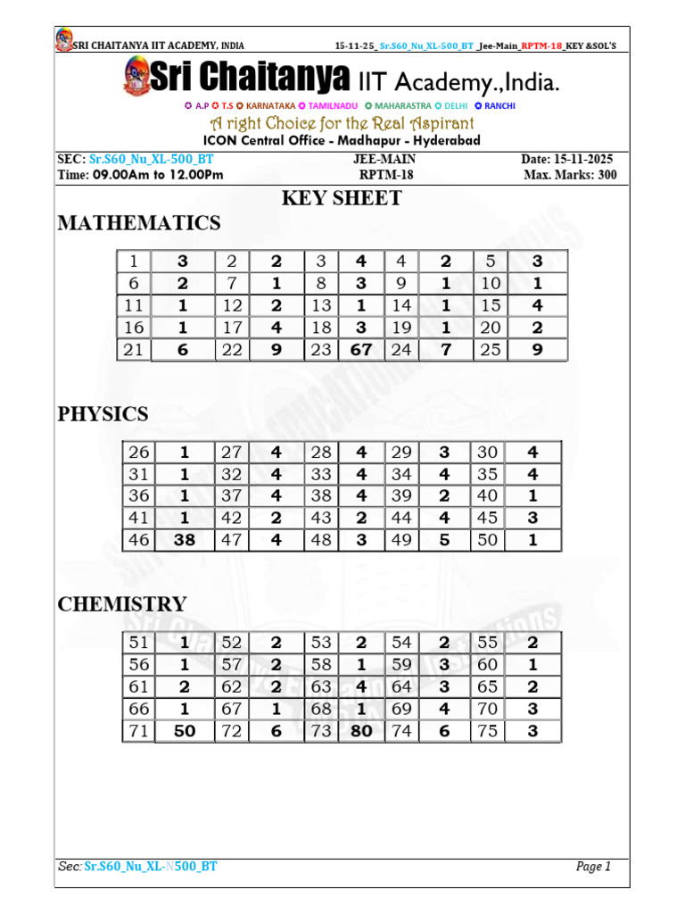 JEE Main 2025 Key Solutions - Sri Chaitanya | PDF | Chemical ...