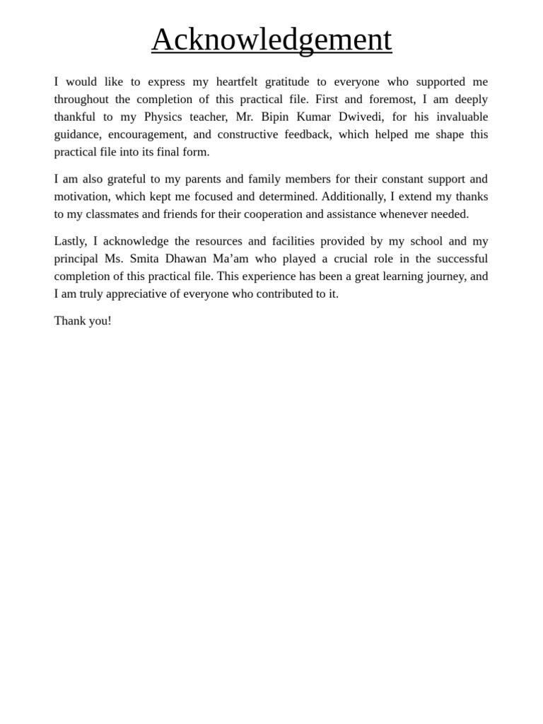 Gratitude Acknowledgement for Practical File | PDF
