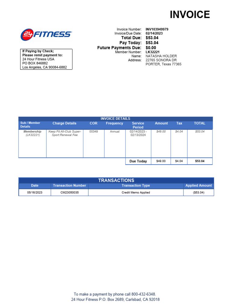 24 Hour Fitness Invoice Details | PDF