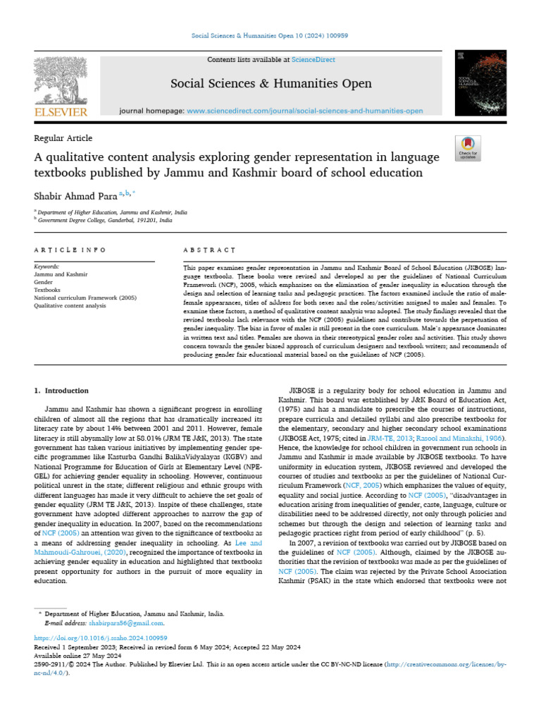 Gender Representation in JKBOSE Textbooks | PDF | Gender | Gender Studies