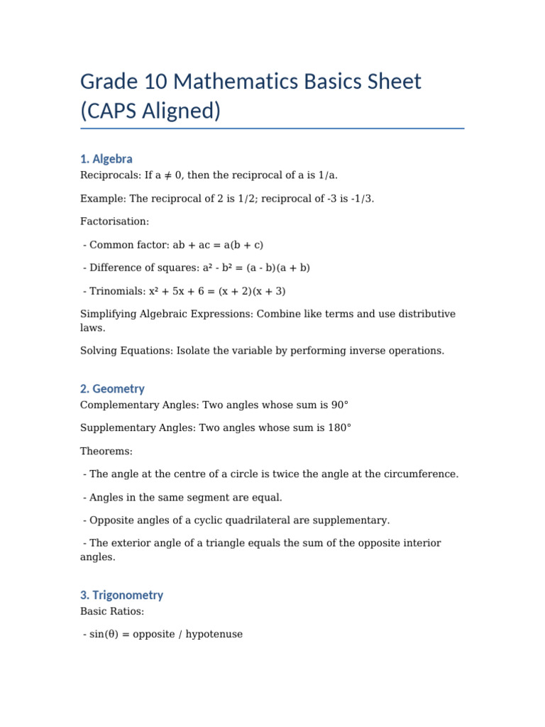 Grade 10 Mathematics Basics Sheet Expanded | PDF | Trigonometry ...