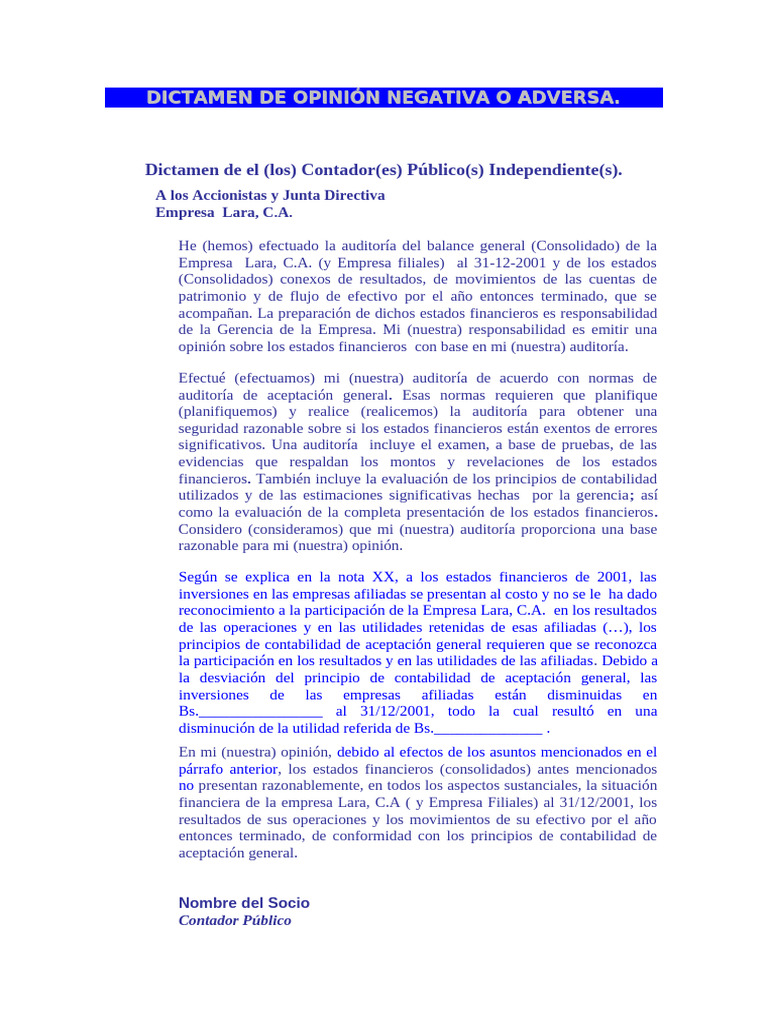 Mod06 Dictamen Negativo | PDF | Estado financiero | Auditoría