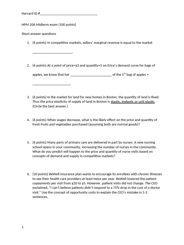 HPM 206 Midterm Exam Questions | PDF | Economic Surplus | Elasticity ...