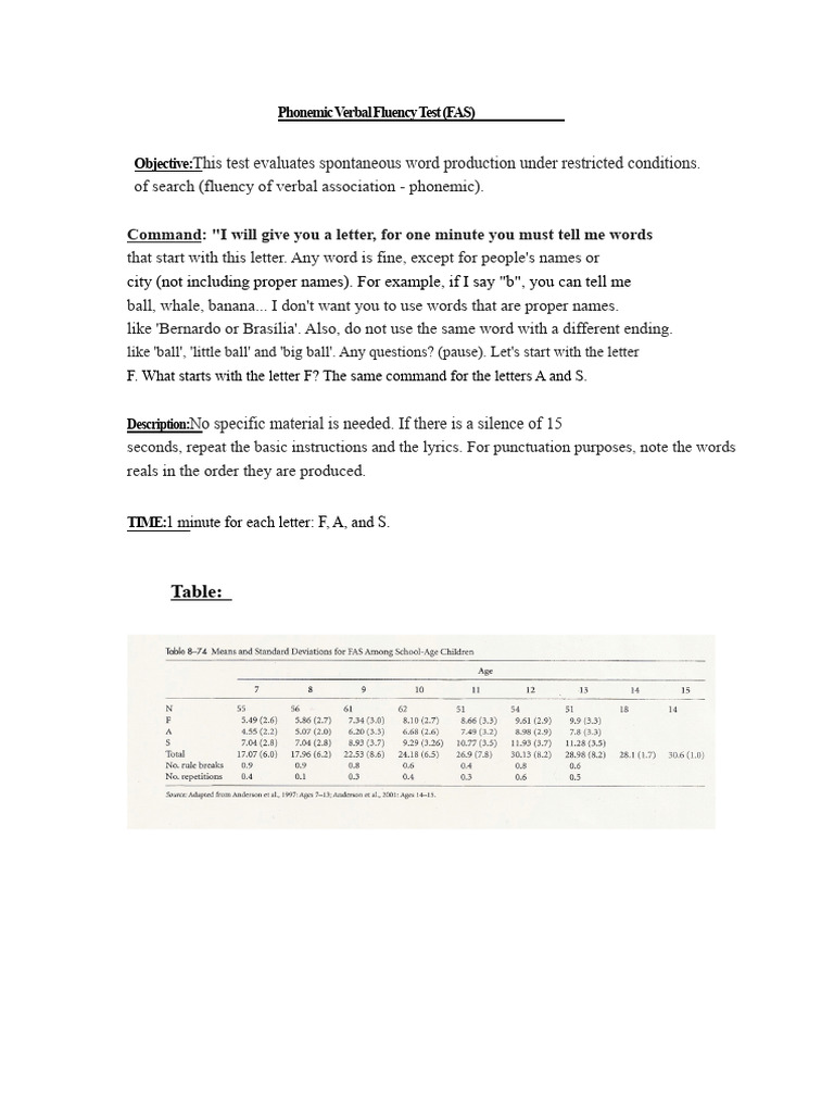 Phonemic Verbal Fluency Test Guide | PDF
