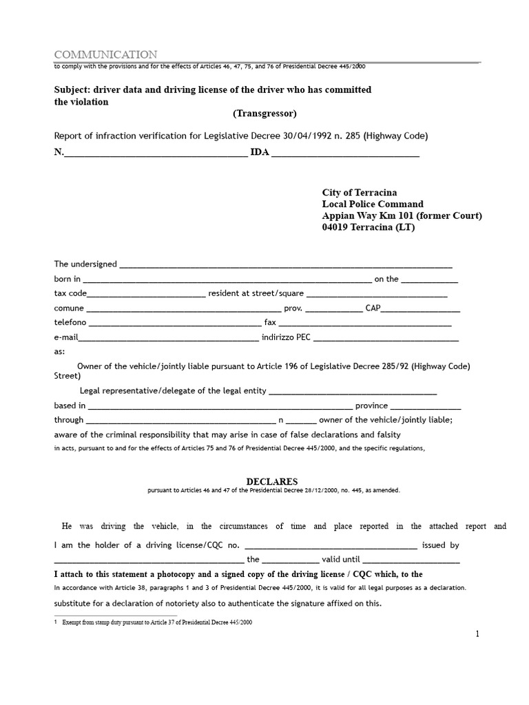 Driver Violation Declaration Form | PDF | Driver's License | Justice