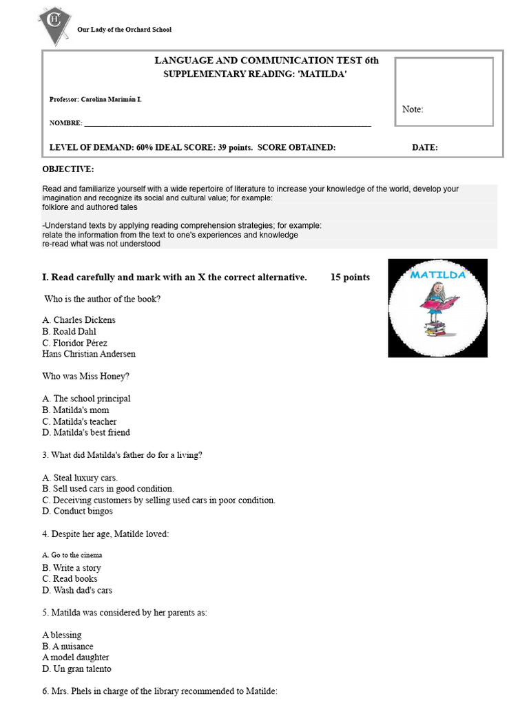 Matilda Language Test for 6th Grade | PDF