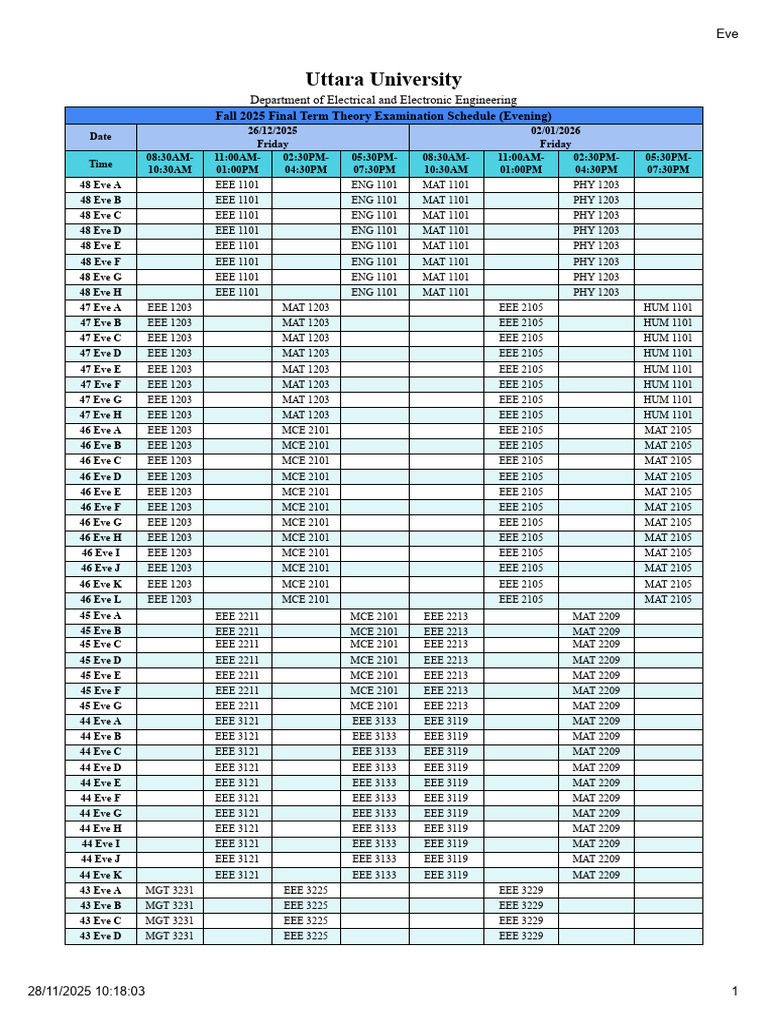 Fall 2025 Final Term Theory Examination Schedule (Evening) | PDF