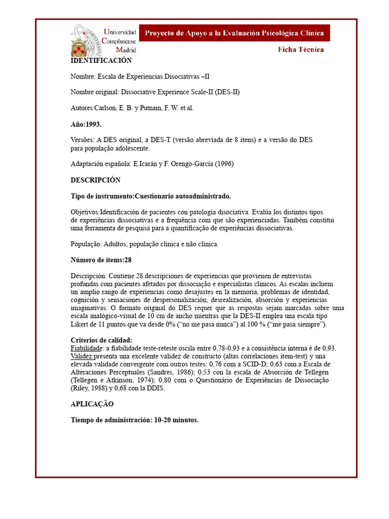 Des Ii - F Escala de Experiência Dissociativa Manual | PDF | Distúrbio ...