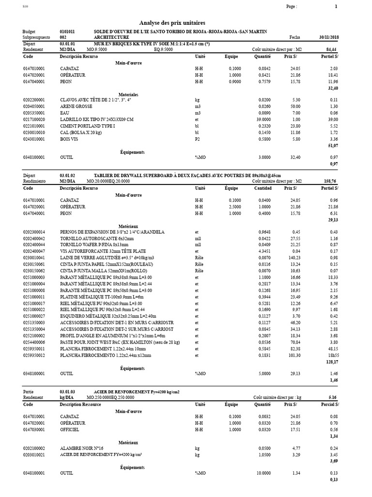 Analyse Des Prix Unitaires en Architecture | PDF | Matériaux de ...