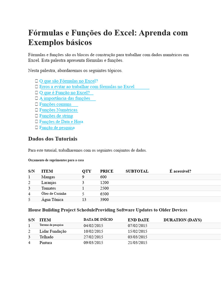 Fórmulas e Funções Básicas do Excel | PDF | Função (Matemática) | Pi