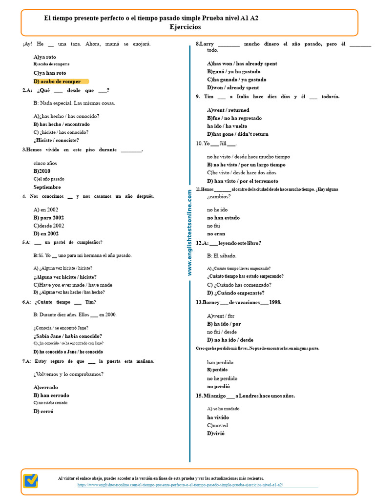 Ejercicios de Presente Perfecto y Pasado Simple | PDF