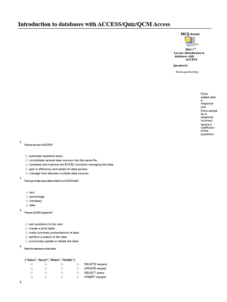 ACCESS Database Quiz and Overview | PDF | Databases | Software
