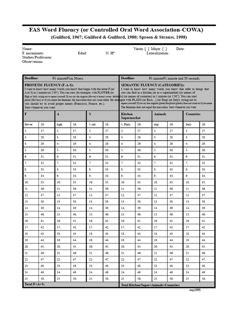 FAS Word Fluency Assessment Guide | PDF | Grammatical Gender | Linguistics