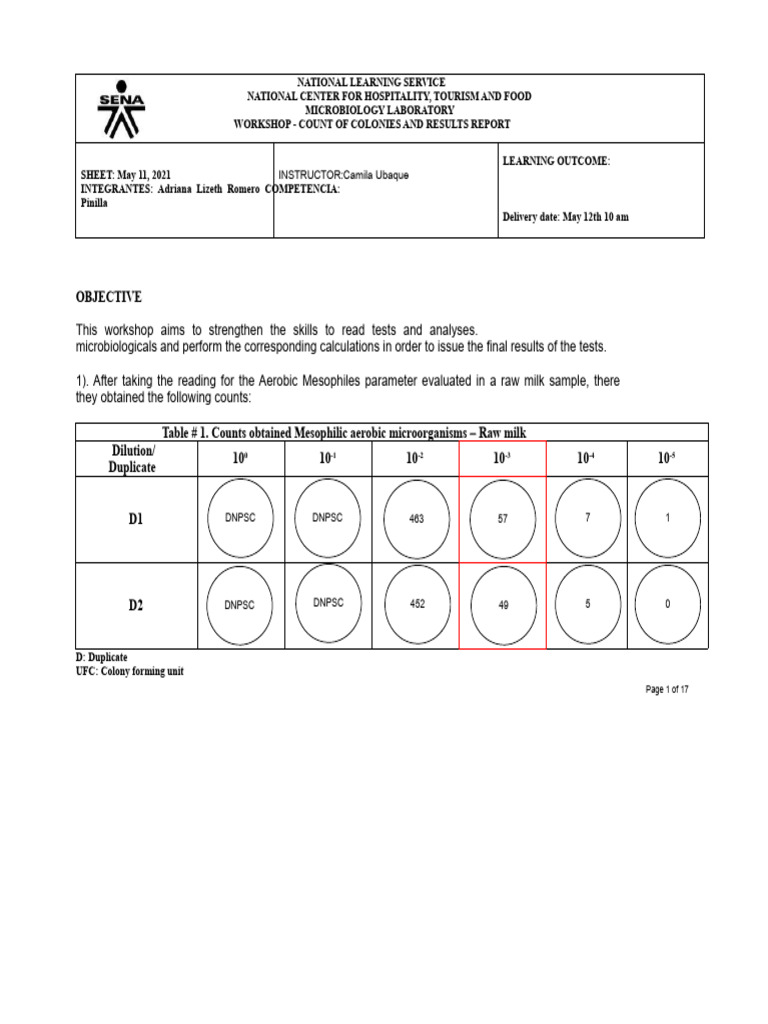 CALCULATION WORKSHOP - COLONY COUNT AND RESULTS REPORT | PDF | Colony ...
