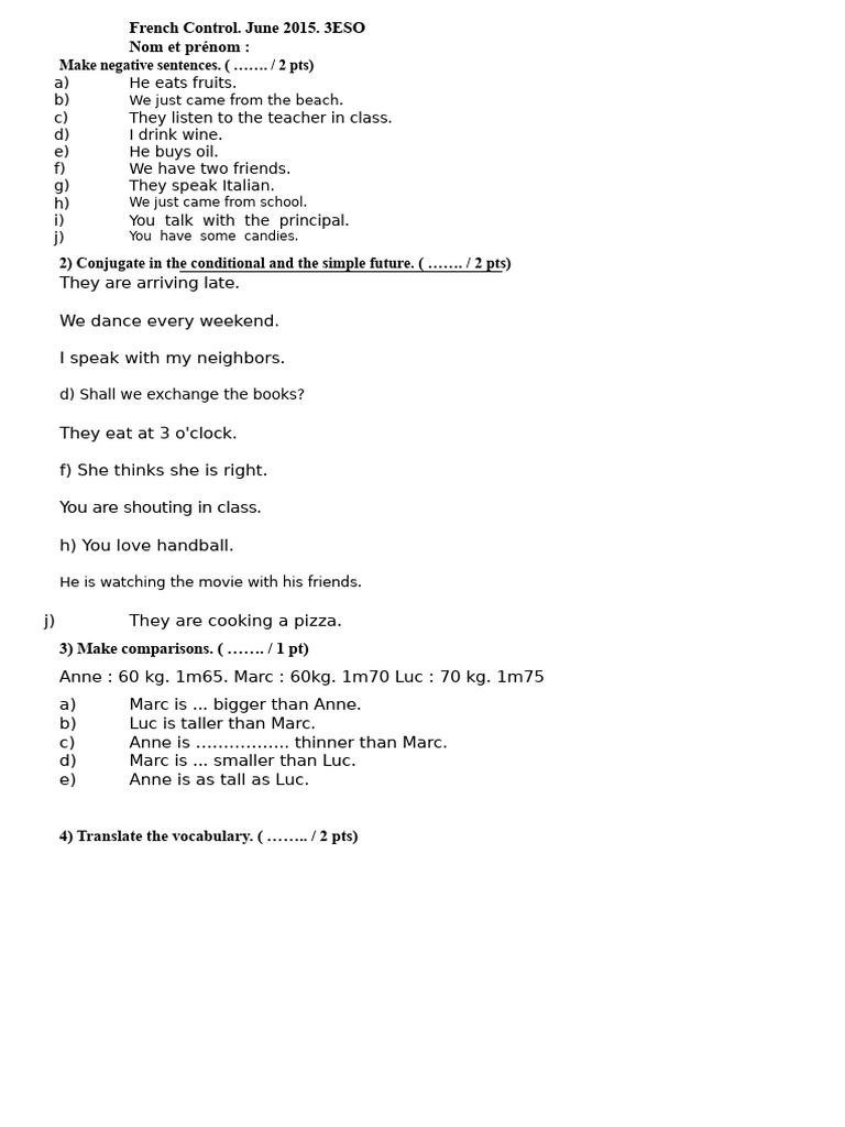 3rd Year of Secondary School French Exam June | PDF