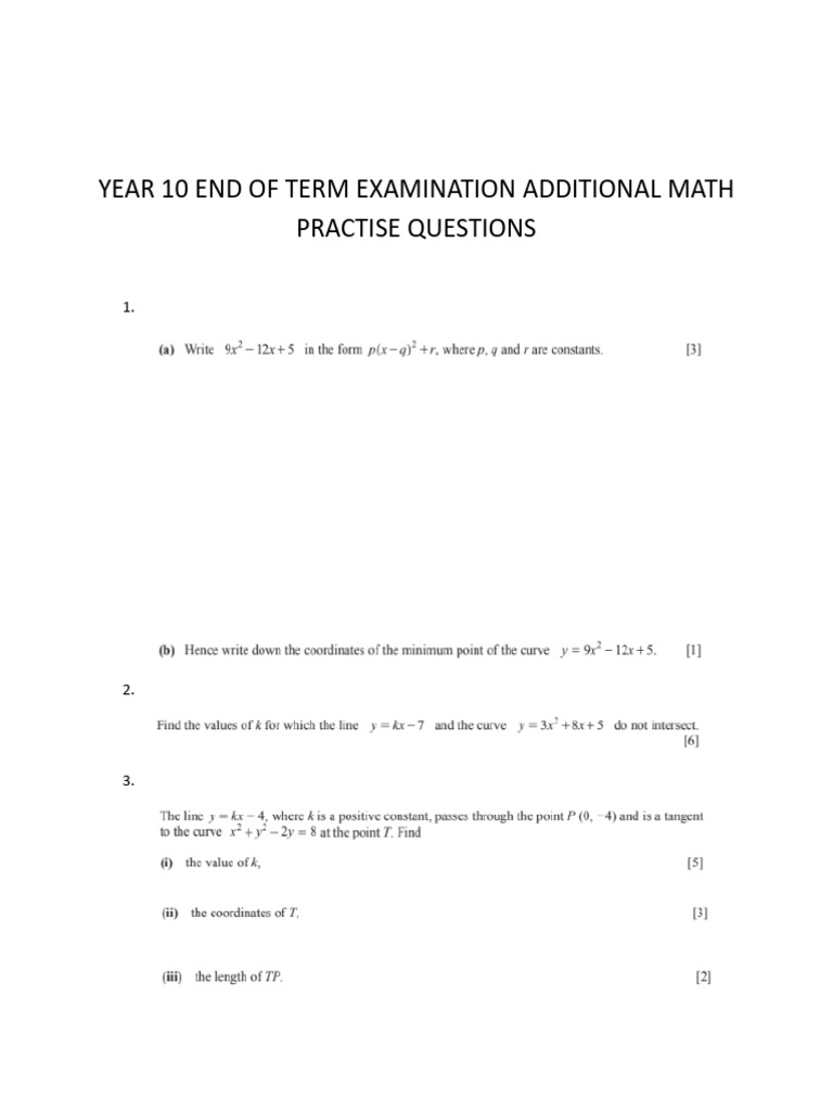Year 10 Additional Math Exam Questions | PDF