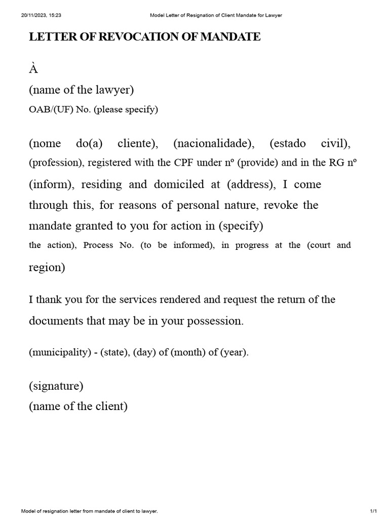 Client Mandate Resignation Letter Template For Lawyer | PDF