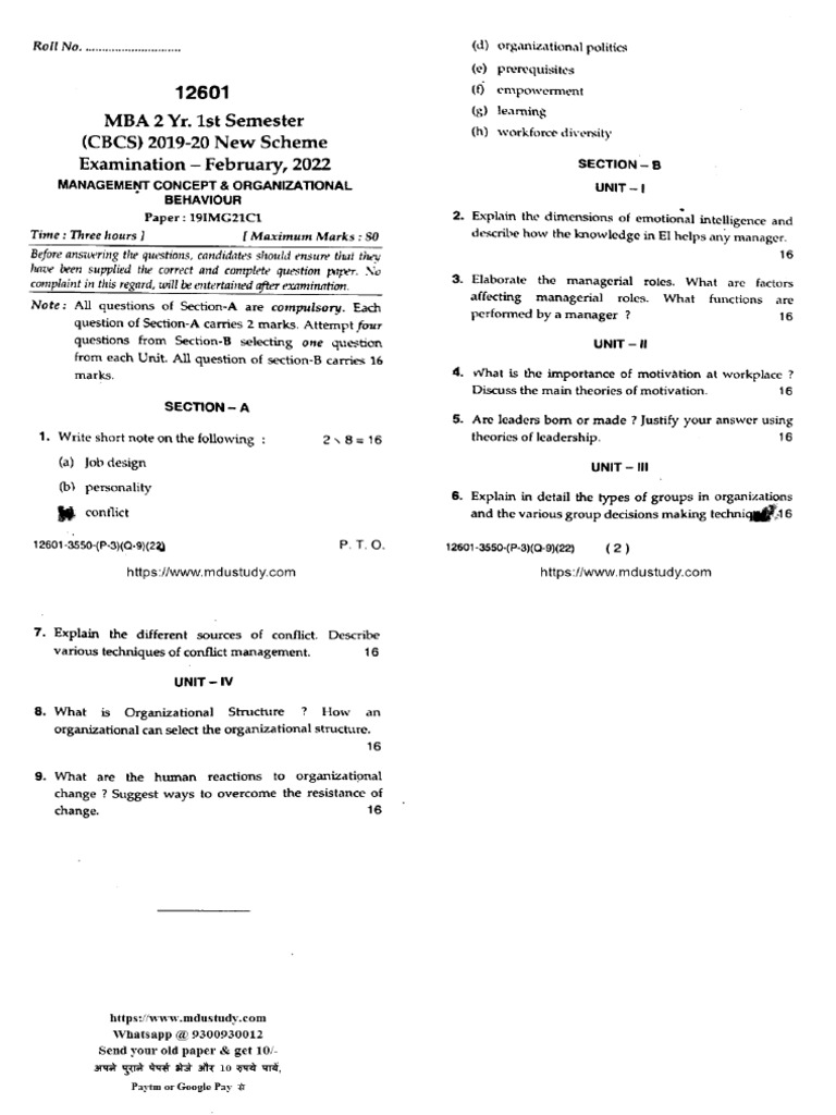 Mba 1 Sem Management Concept and Organizational 12601 Feb 2022 | PDF