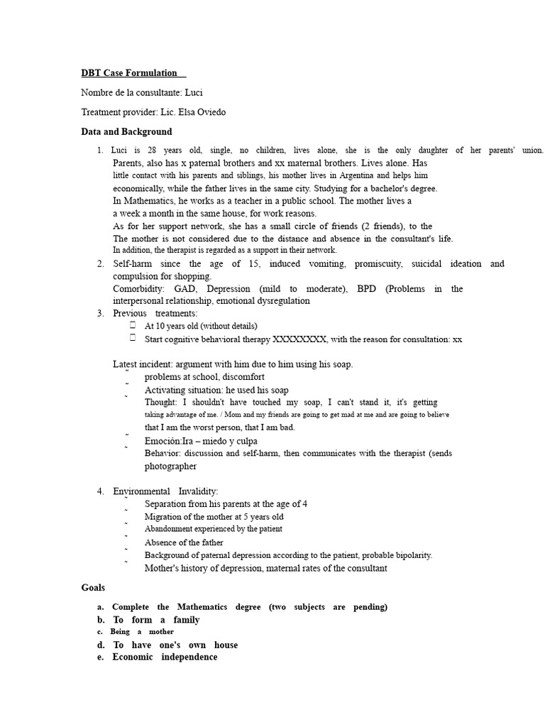 DBT Case Formulation for Luci's Therapy | PDF | Dialectical Behavior ...