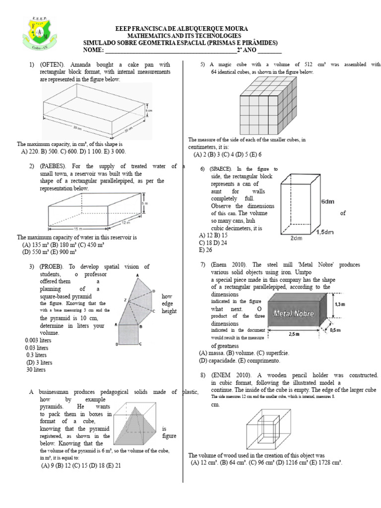 Geometry Practice: Prisms and Pyramids | PDF | Volume | Litre