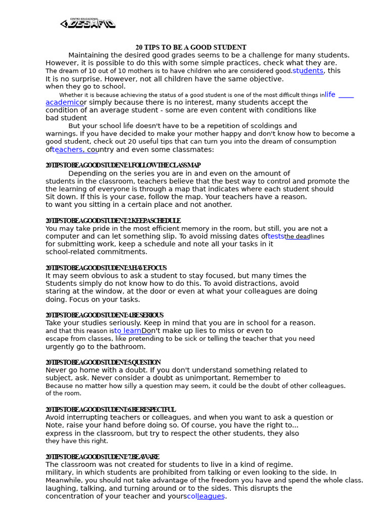 20 Essential Tips for Good Students | PDF | Teachers | Classroom