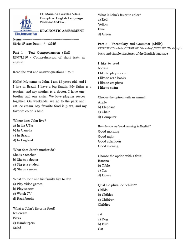 English test 8th grade 11 | PDF | Reading Comprehension | Linguistics