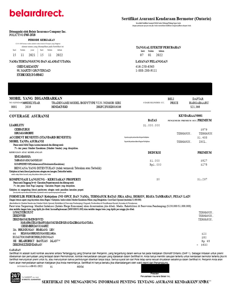 Sertifikat Asuransi Kendaraan Bermotor (Ontario) : Mobil Yang ...