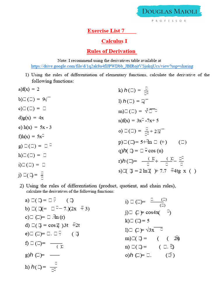 Calculus I List 7 - Derivative Rules | PDF | Derivative | Real Analysis