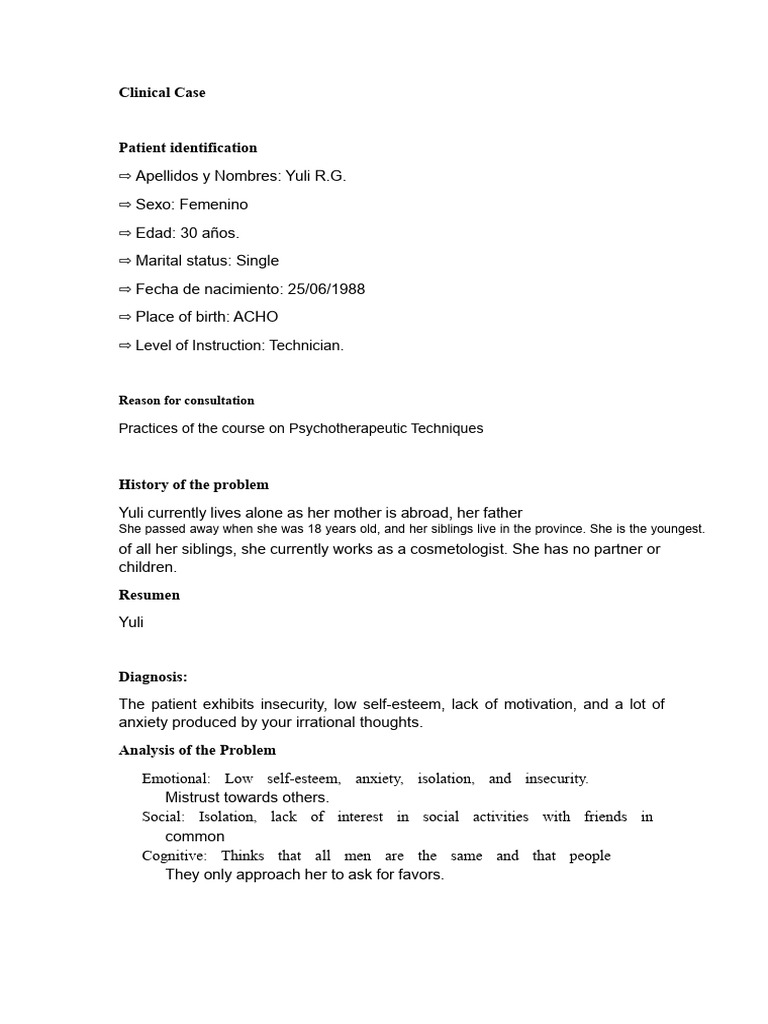 Final Project Clinical Case | PDF | Psychotherapy | Self Esteem