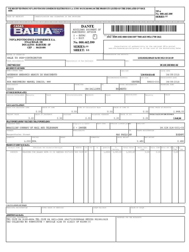 NFe 991427093641 Page 1 of 1 PDF | PDF