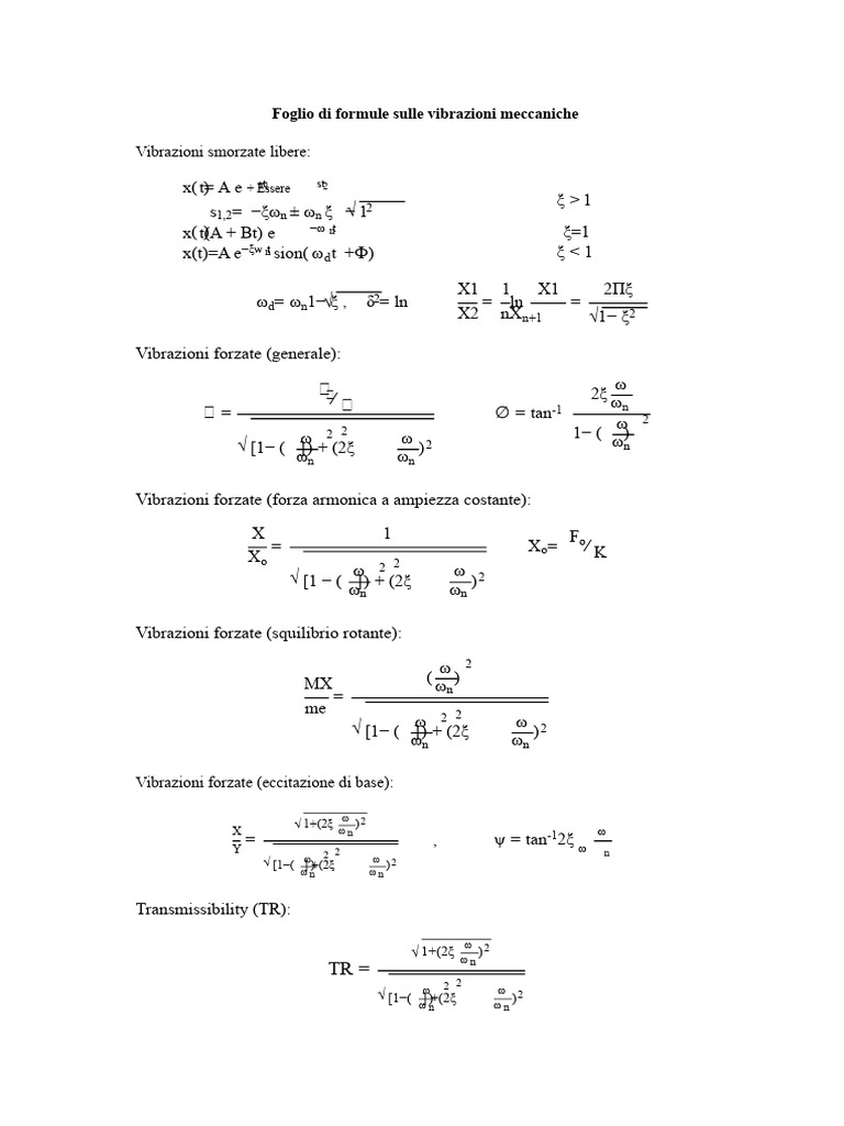Foglio Di Formule Delle Vibrazioni Meccaniche | PDF