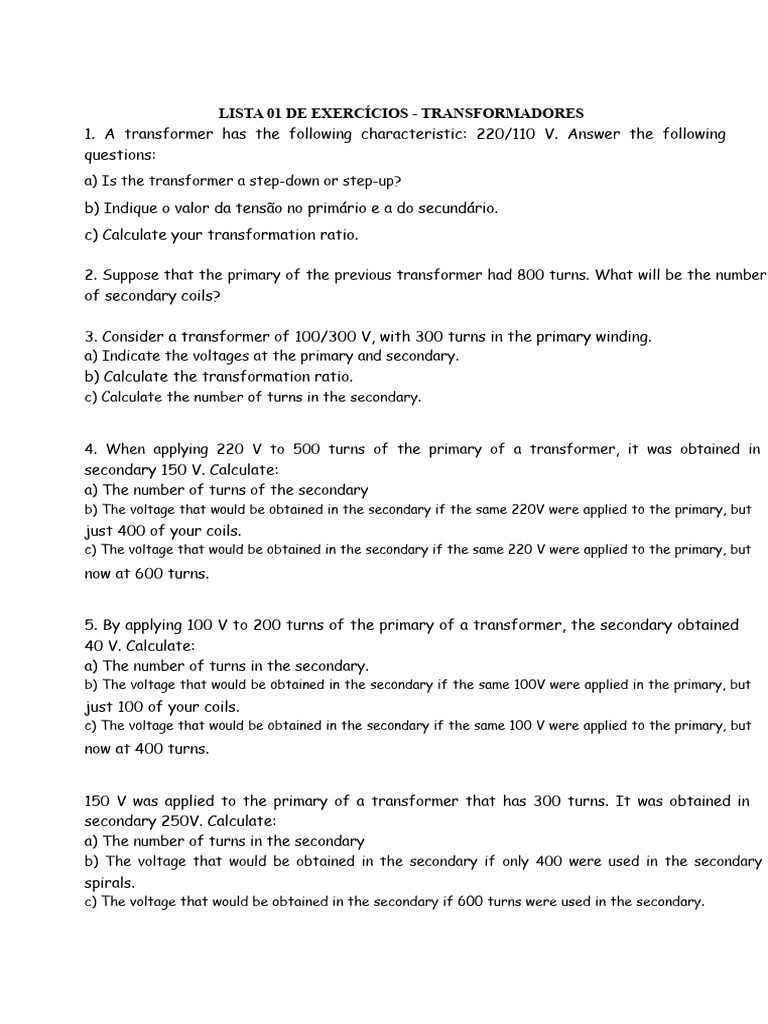 List 01 of Exercises - Transformers | PDF