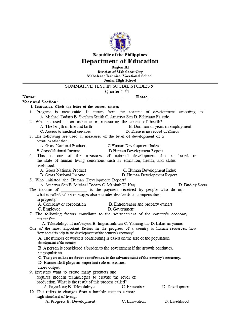 summative test in AP 9 week 1 Q4 | PDF | Human Development Index ...
