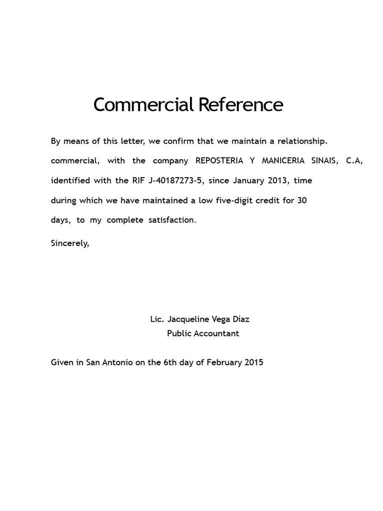 Commercial Reference Letter for REPOSTERIA SINAIS | PDF