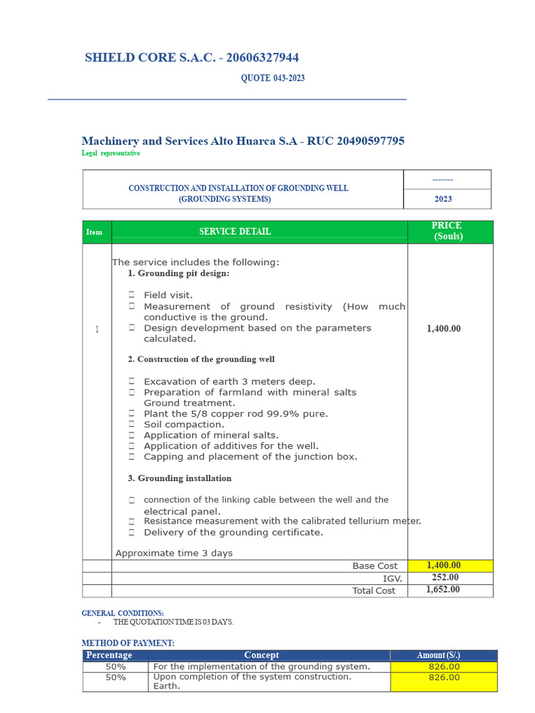 Grounding System Installation Quote 2023 | PDF
