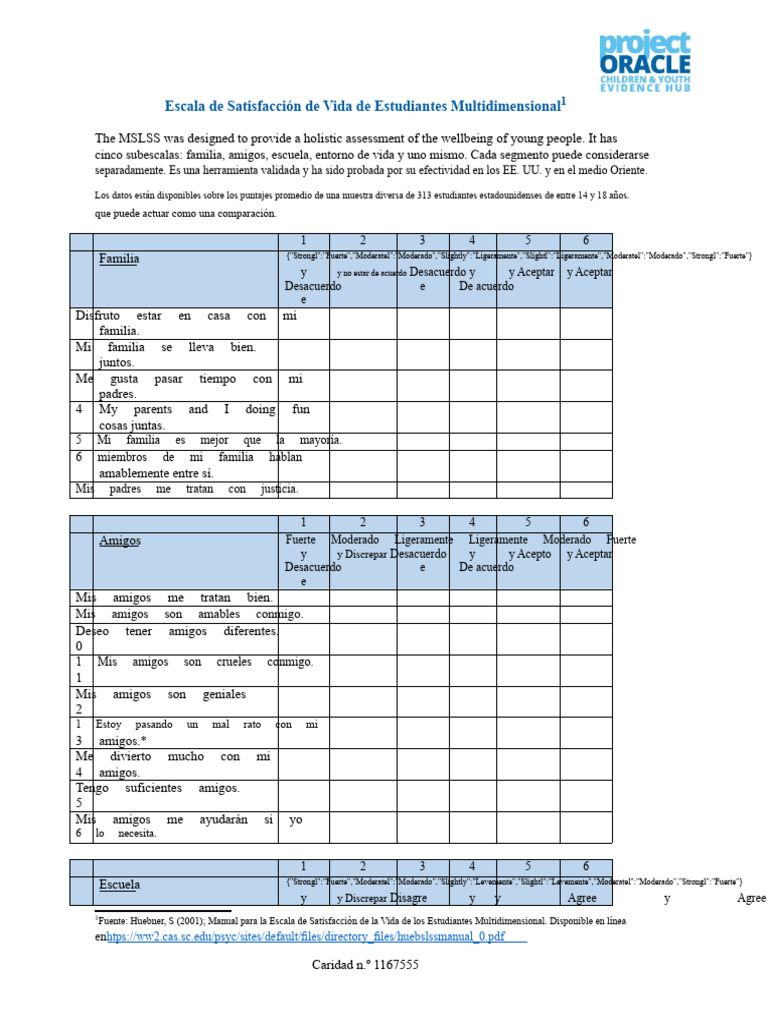 Escala Multidimensional de Satisfacción Con La Vida Estudiantil MSLSS | PDF