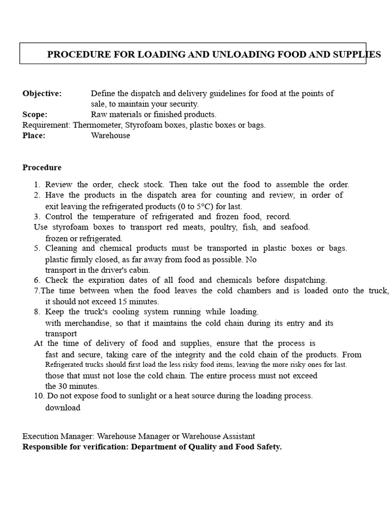 Food Loading and Unloading Procedures | PDF