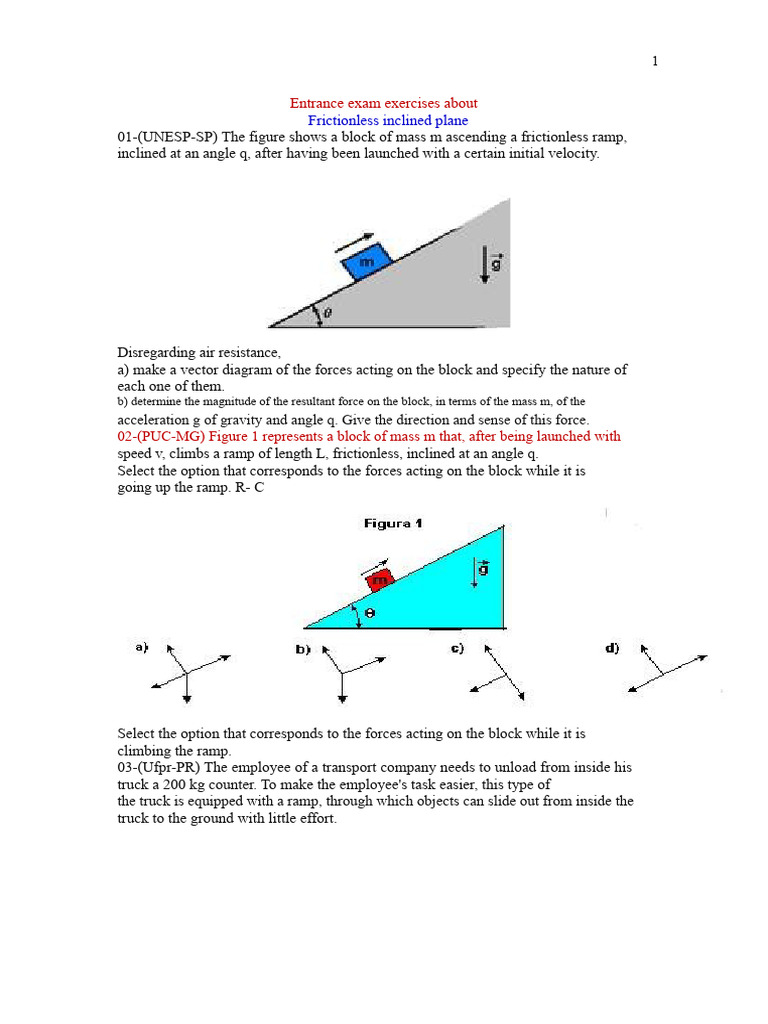 Frictionless Inclined Plane Exam Exercises | PDF | Force | Friction