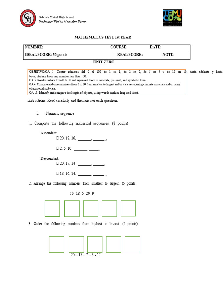 MATHEMATICS TEST UNIT ZERO 1st | PDF